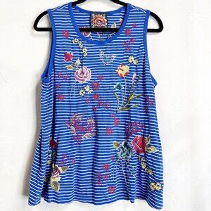 Johnny Was Jessi Knit Tank Embroidered Top Blue Floral Boho Festive Large